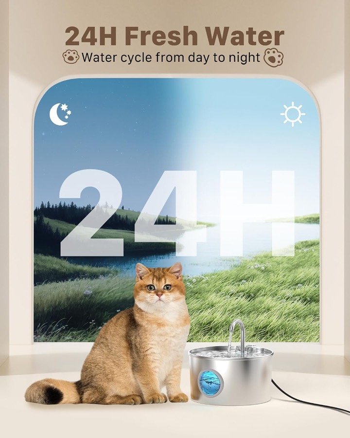 Ver imagen 4 de 6: La fuente GIOTOHUN junto a un gato, con el reclamo de circulación de agua las 24 horas