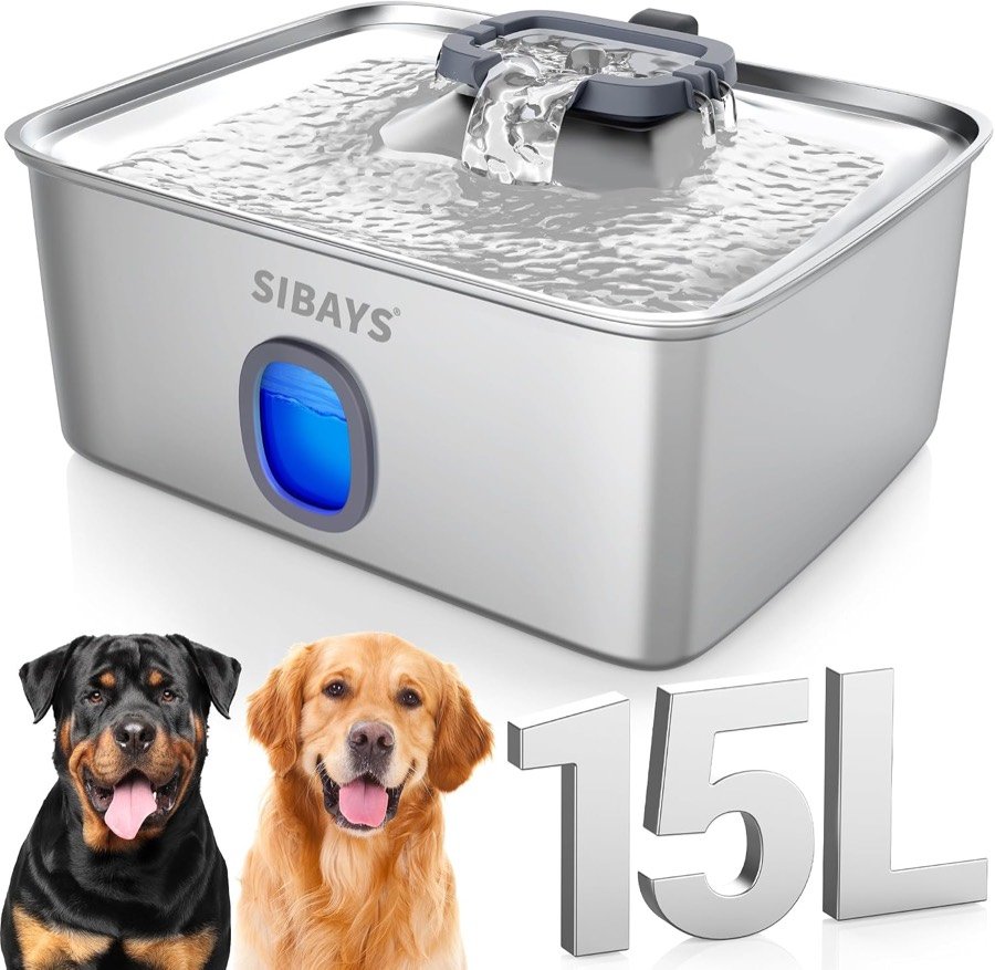 Fuente Sibays de acero inoxidable de 15 litros con ventana de nivel iluminada en azul y dos perros grandes