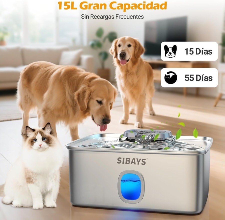 Ver imagen 2 de 6: Dos perros y un gato bebiendo de la fuente Sibays, con autonomía declarada de 15 días para perros y 55 para un gato