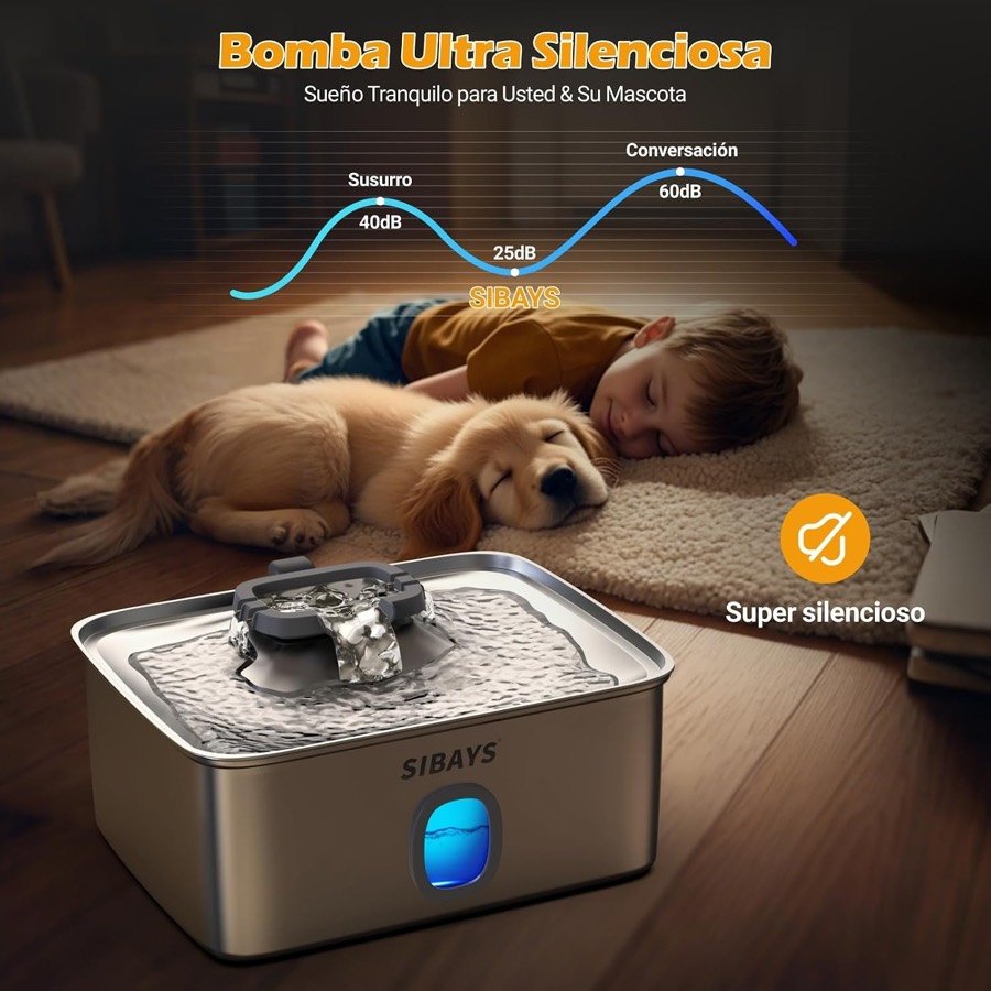 Ver imagen 5 de 6: Cachorro y niño durmiendo junto a la fuente Sibays, con su bomba de 25 decibelios comparada con un susurro