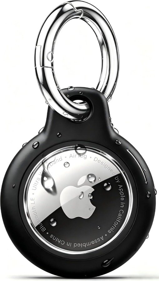Funda TNSNK negra con un AirTag dentro y su mosquetón de acero inoxidable