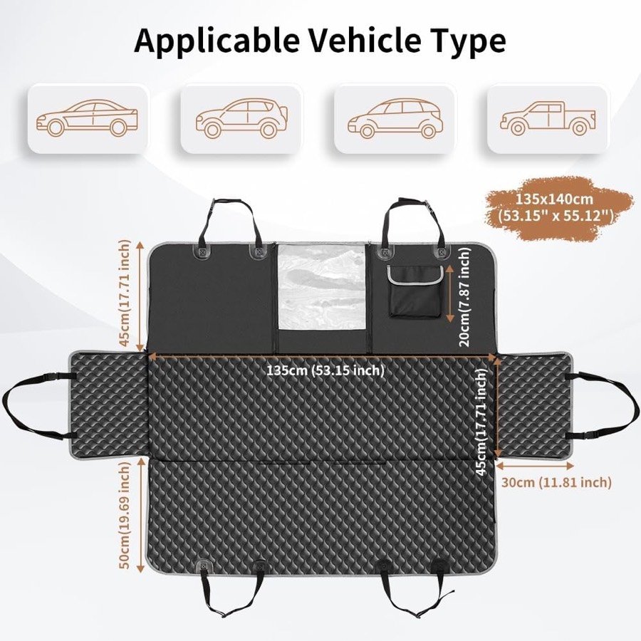 Ver imagen 2 de 6: Plano de medidas de la funda KYG de 135 × 140 cm con la ventana de malla y los bolsillos, y los tipos de coche compatibles