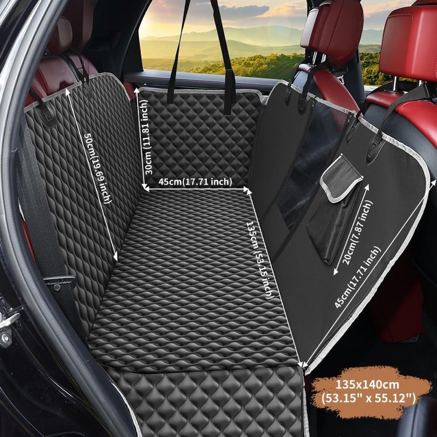 Ver imagen 3 de 6: Funda KYG colocada en el asiento trasero con las medidas de cada panel sobreimpresas