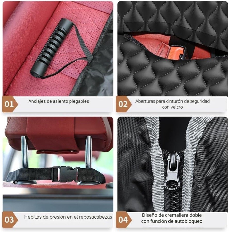Ver imagen 6 de 6: Detalles de la funda KYG: anclajes de asiento plegables, aberturas para el cinturón con velcro, hebillas del reposacabezas y cremallera doble