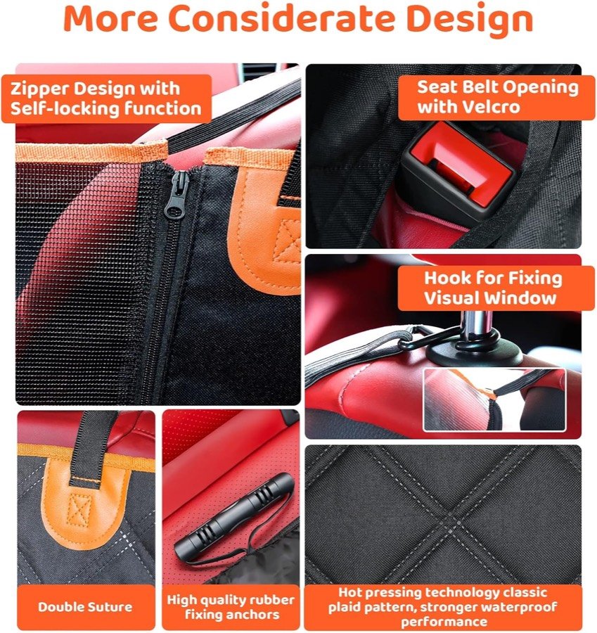 Ver imagen 3 de 6: Detalles de la funda KYG: ventana de malla con cremallera, aberturas para el cinturón con velcro, gancho de la ventana, doble costura y anclajes de goma