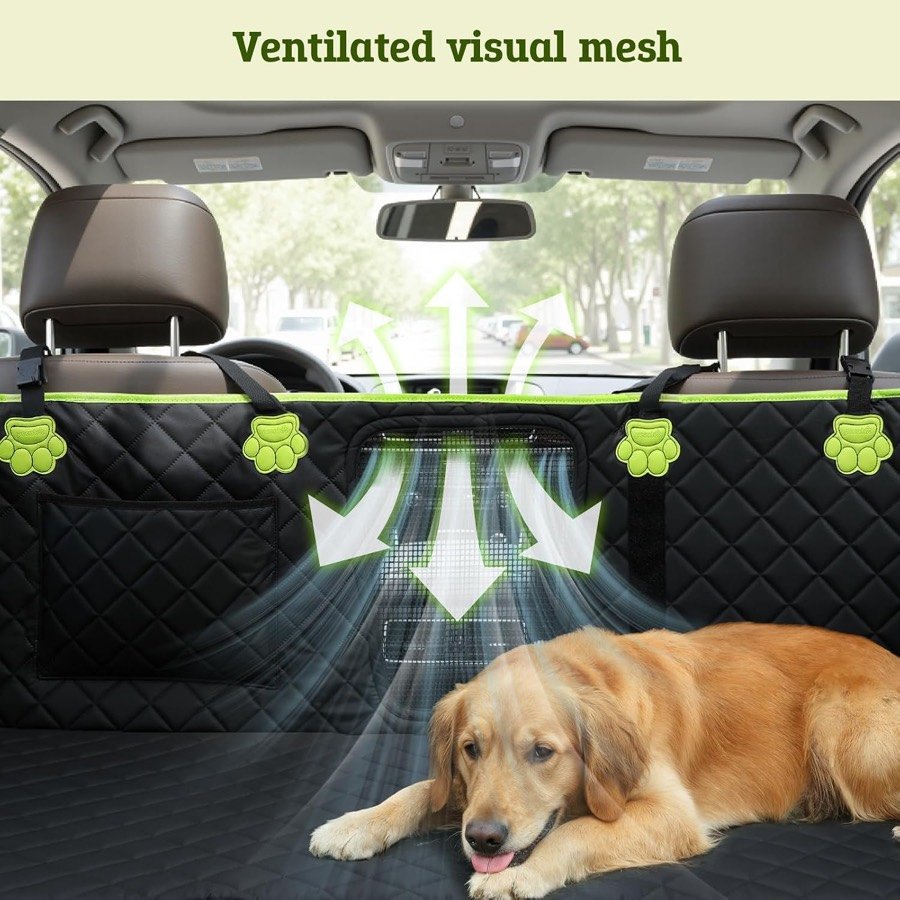 Ver imagen 6 de 6: Golden retriever tumbado en la funda Pecute, con la ventana de malla central y los ganchos a los reposacabezas