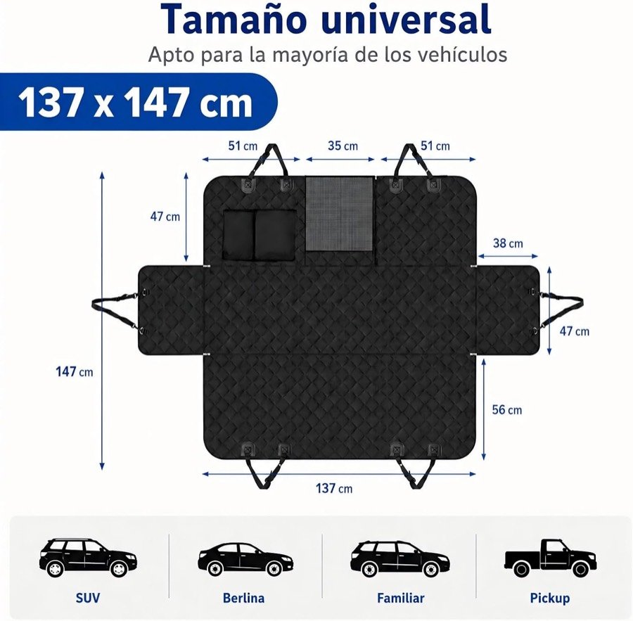 Ver imagen 2 de 6: Plano de medidas de la funda Sosayet, 137 × 147 cm, con las solapas y los tipos de vehículo compatibles: SUV, berlina, familiar y pickup