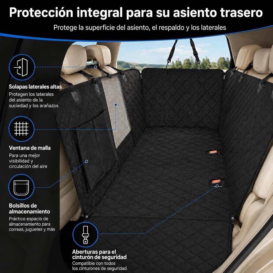 Ver imagen 3 de 6: Funda Sosayet colocada en el asiento trasero con las solapas laterales altas, la ventana de malla, los bolsillos y las aberturas para el cinturón