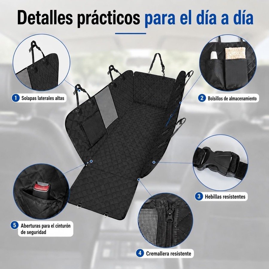 Ver imagen 6 de 6: Detalles de la funda Sosayet: solapas laterales, bolsillos, hebillas, cremallera y aberturas para el cinturón de seguridad