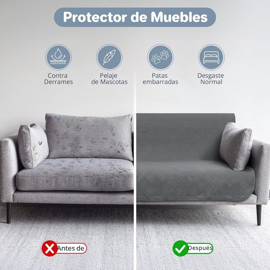 Ver imagen 4 de 6: Sofá gris con manchas y huellas a un lado y cubierto con el protector Luvore al otro