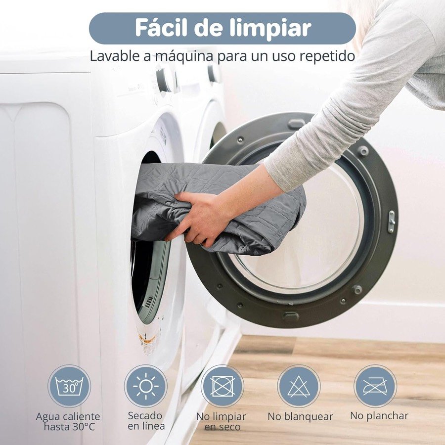 Ver imagen 6 de 6: Brazo metiendo el protector Luvore en la lavadora, con los símbolos de agua a 30 °C, secado en línea, sin lejía y sin plancha