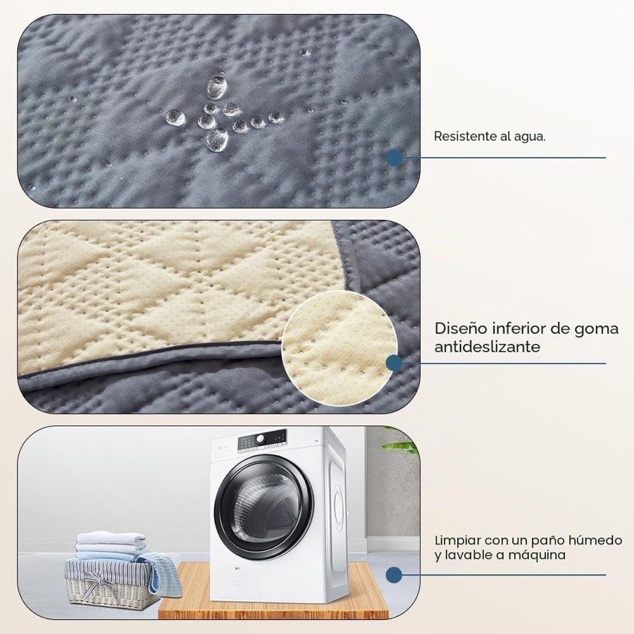 Ver imagen 3 de 6: Tres detalles de la manta Taiyang: gotas sobre el tejido, reverso beige antideslizante y lavado a máquina