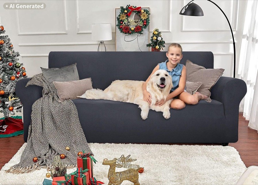 Ver imagen 2 de 6: Imagen generada por IA, así rotulada: niña y golden retriever sobre un sofá con la funda Ystyle en un salón navideño