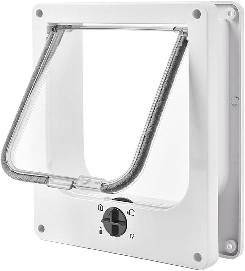 Gatera Easy Joy blanca de cuatro posiciones con trampilla transparente, cepillo perimetral y ruleta de bloqueo