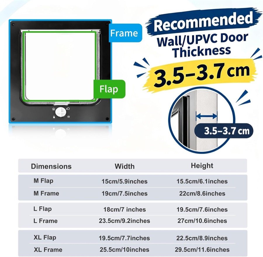 Ver imagen 3 de 6: Tabla de medidas de la gatera Easy Joy en tallas M, L y XL y grosor de puerta recomendado de 3,5 a 3,7 cm