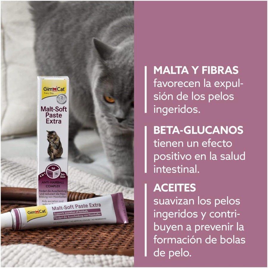Ver imagen 3 de 6: Explicación de los tres grupos de ingredientes de GimCat: malta y fibras, beta-glucanos y aceites, junto a un gato gris
