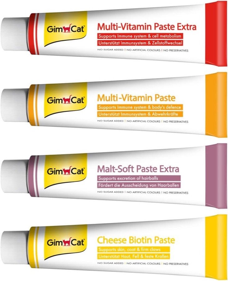 Ver imagen 6 de 6: Las cuatro pastas de la gama GimCat: multivitaminas, multivitamin, malt-soft extra y queso con biotina