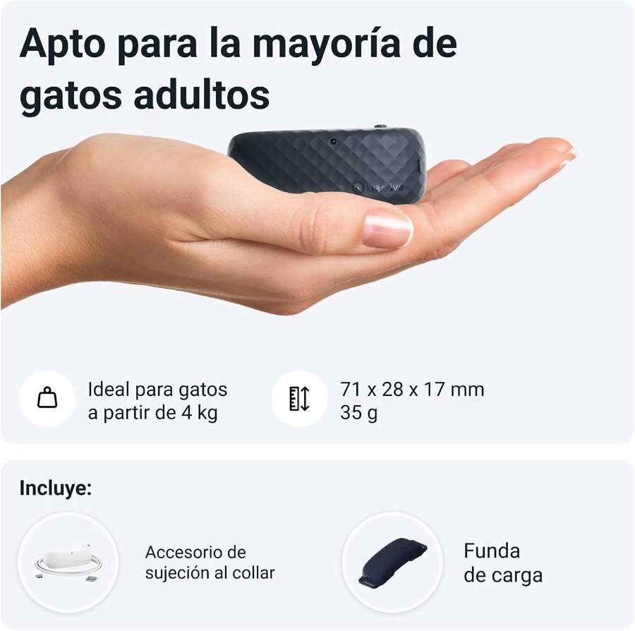 Ver imagen 4 de 6: Tractive GPS para gatos sobre la palma de una mano, con sus medidas de 71 × 28 × 17 mm, 35 gramos y el accesorio de sujeción incluido