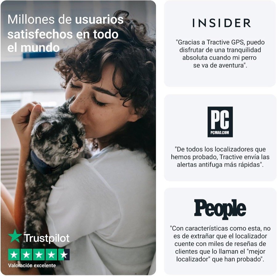 Ver imagen 6 de 6: Mujer abrazando a un gato y citas de prensa sobre el localizador Tractive