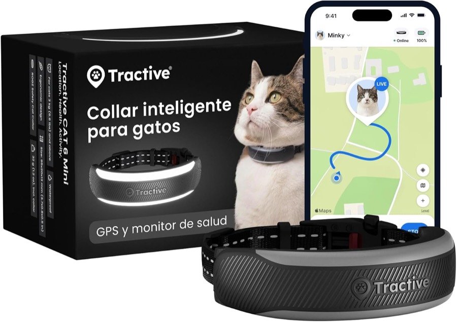Caja del Tractive GPS para gatos Mini 2026 con el collar integrado gris y un gato junto a la aplicación con su recorrido