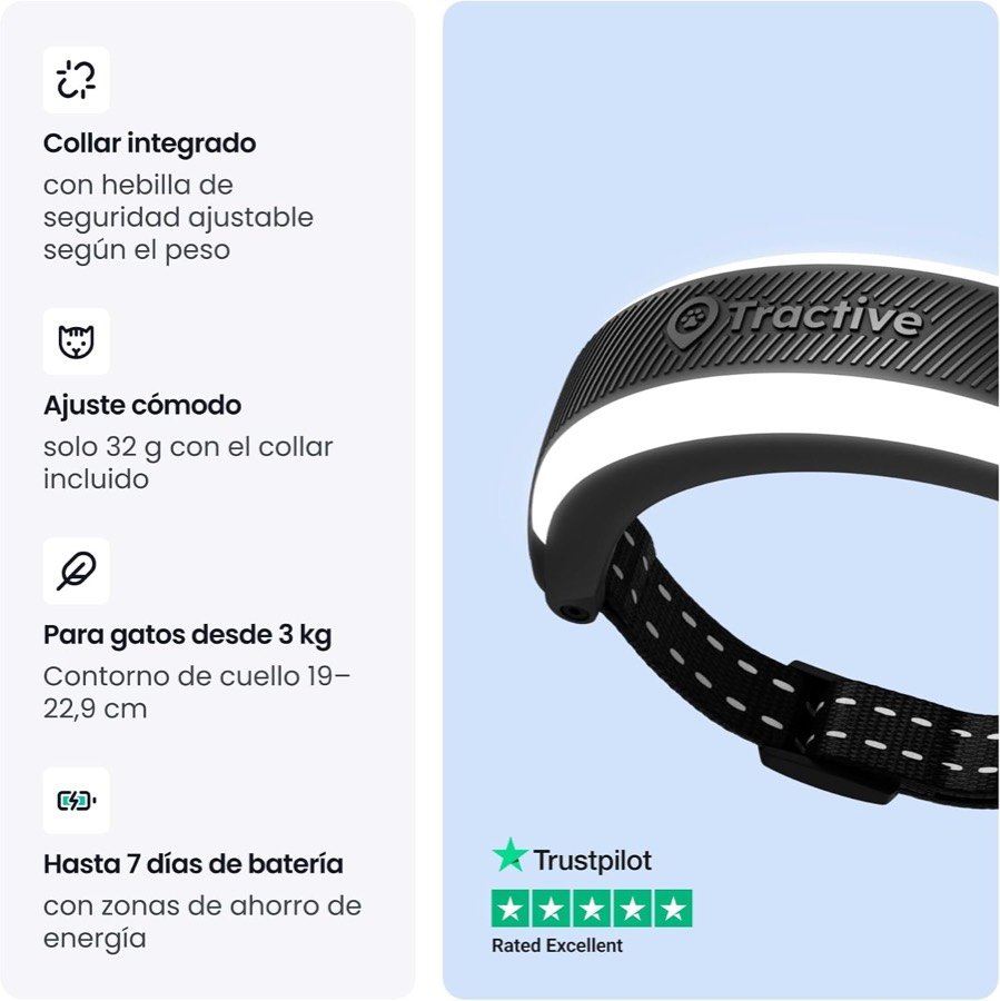 Ver imagen 4 de 6: Ficha del collar Tractive Mini: hebilla de seguridad ajustable, 32 gramos con collar, gatos desde 3 kg y hasta siete días de batería