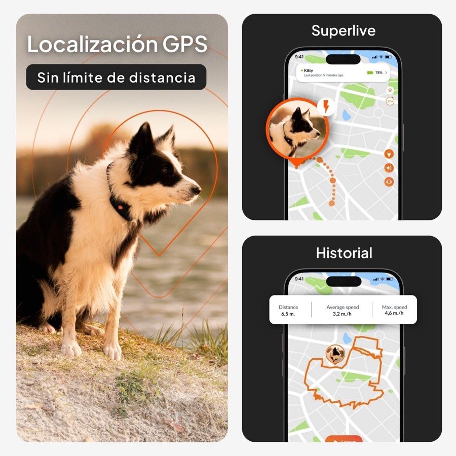 Ver imagen 3 de 6: Pantallas de la aplicación Weenect con la localización en directo, el modo Superlive y el historial de recorridos
