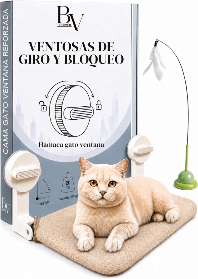 Caja de la hamaca BV Bruver con la hamaca de felpa camel, un gato encima y el juguete de plumas incluido