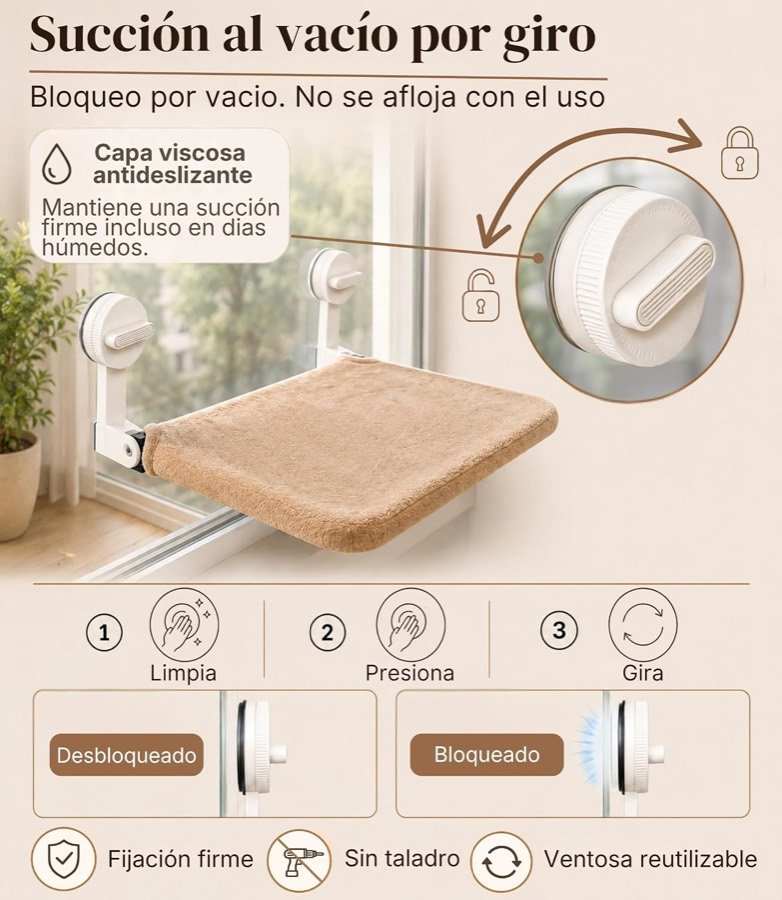 Ver imagen 2 de 6: Ventosa de vacío BV Bruver con los tres pasos de montaje, limpiar, presionar y girar, y los estados bloqueado y desbloqueado