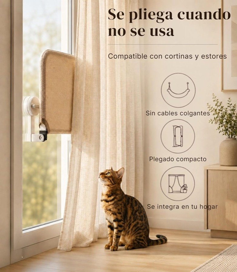 Ver imagen 5 de 6: Hamaca BV Bruver plegada contra el cristal junto a una cortina, con un gato mirando