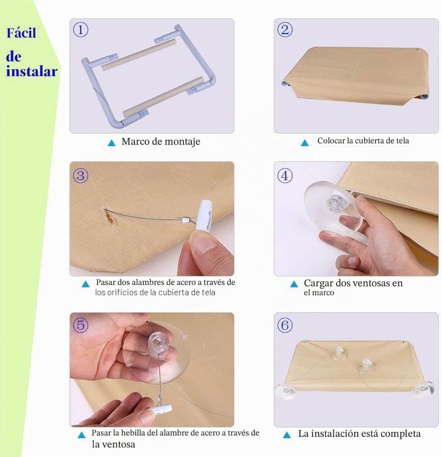 Ver imagen 6 de 6: Seis pasos de montaje de la hamaca YIQI: marco, tela, cables de acero, ventosas y hebillas