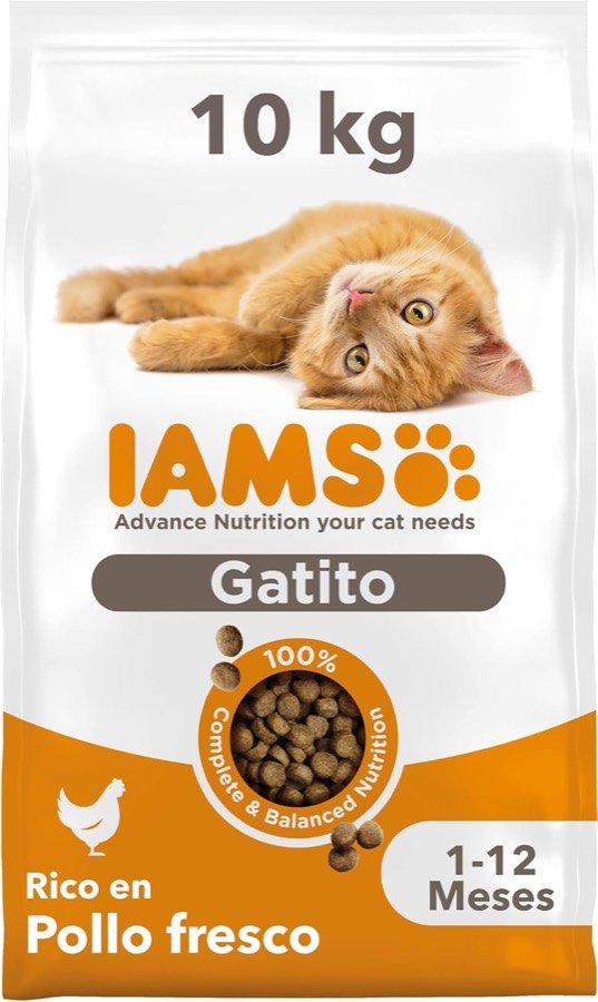 Saco blanco y naranja de 10 kg de IAMS Gatito rico en pollo fresco, para gatitos de 1 a 12 meses