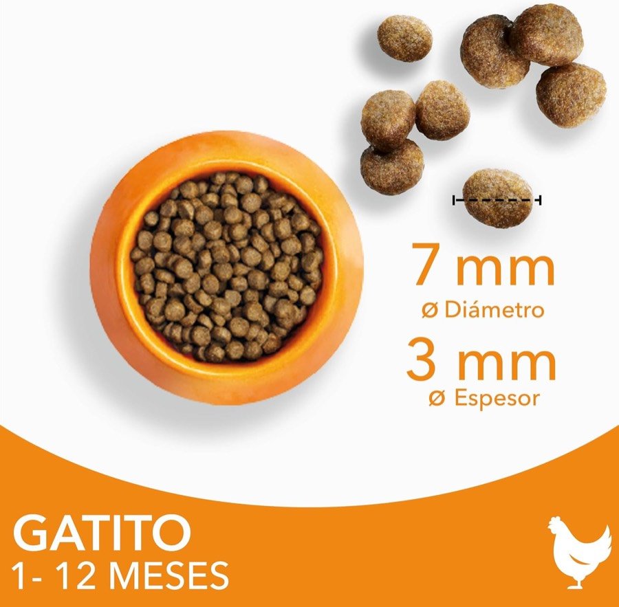 Ver imagen 3 de 6: Croquetas de IAMS Gatito en un cuenco naranja, con sus medidas rotuladas: 7 mm de diámetro y 3 mm de espesor