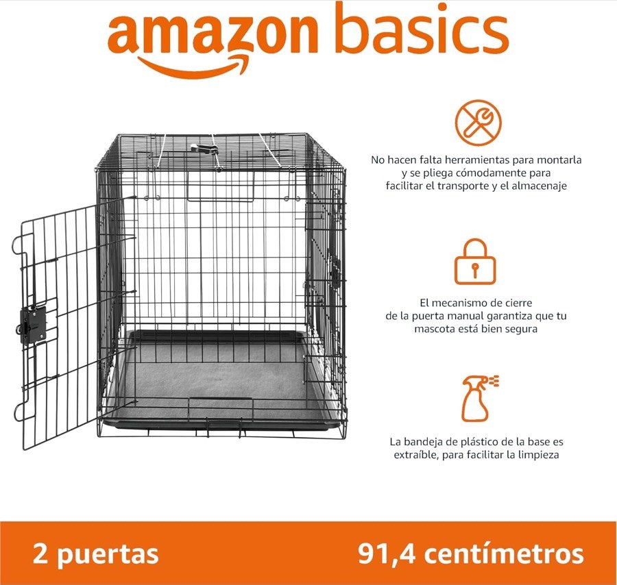 Ver imagen 2 de 6: La jaula Amazon Basics con los iconos de montaje sin herramientas, cierre seguro y bandeja extraíble, y los rótulos de dos puertas y 91,4 cm