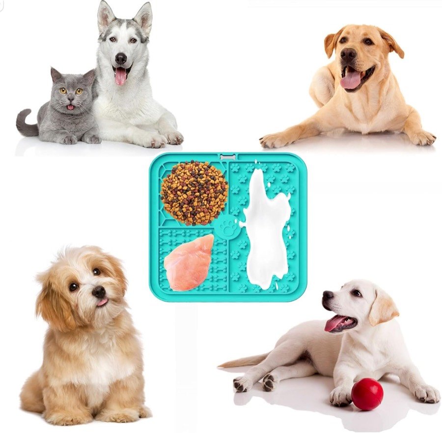 Ver imagen 6 de 6: La alfombrilla untada con distintos alimentos, rodeada de perros y gatos