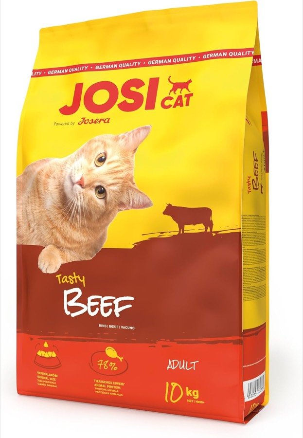 Saco amarillo y rojo de 10 kg de JosiCat Tasty Beef, con un gato naranja en la portada