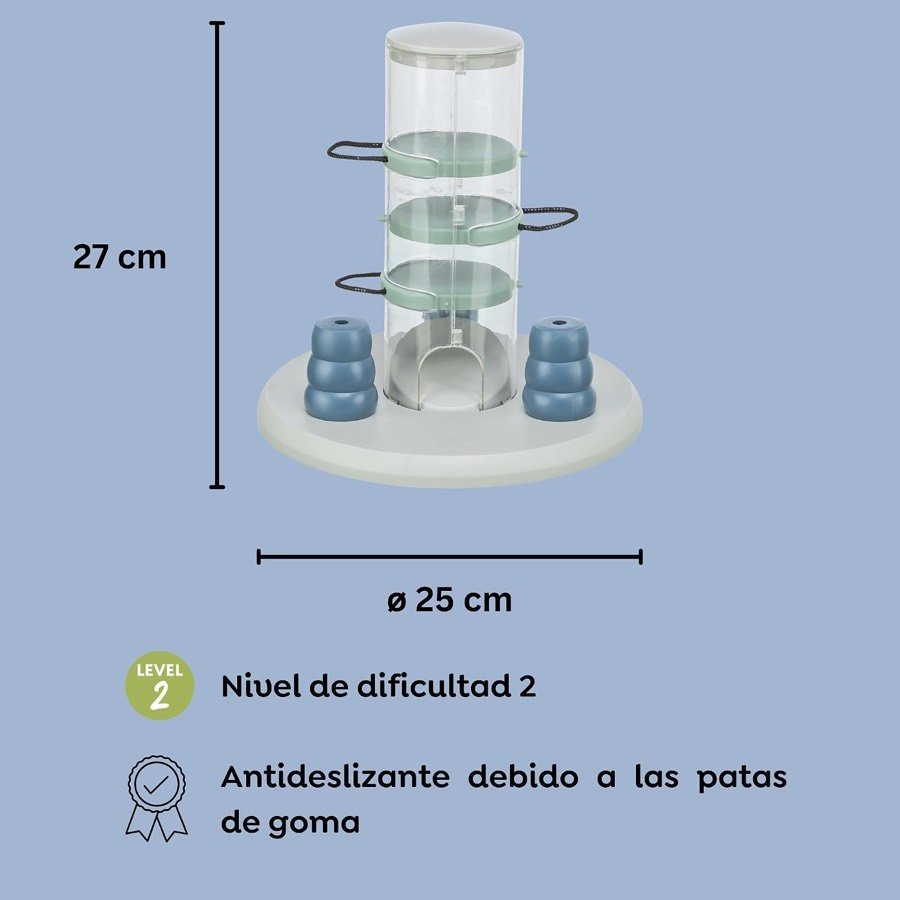 Ver imagen 2 de 6: Medidas de la torre, 27 cm de alto y 25 cm de diámetro, con el nivel de dificultad 2 de Trixie y las patas antideslizantes