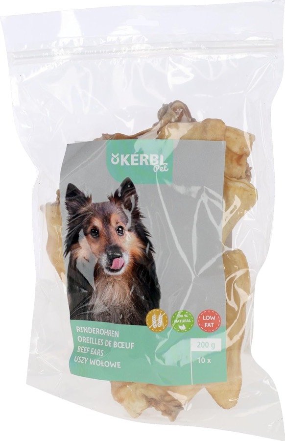 Ver imagen 2 de 6: Bolsa de 200 g de orejas de vacuno Kerbl Pet con su etiqueta frontal