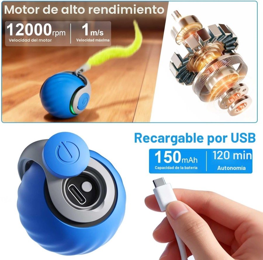 Ver imagen 5 de 6: Detalle del motor de 12.000 rpm, la velocidad máxima de 1 m/s y la batería de 150 mAh recargable por USB con 120 minutos de autonomía