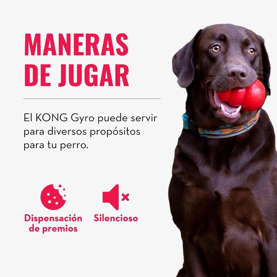 Ver imagen 5 de 6: Perro labrador chocolate sujetando el KONG Wobbler en la boca, con los iconos de dispensación de premios y de juguete silencioso