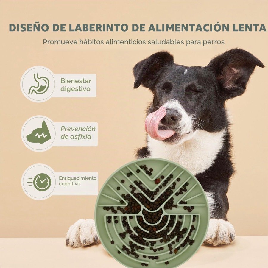 Ver imagen 6 de 6: Perro junto al comedero con los tres beneficios declarados: bienestar digestivo, prevención de asfixia y enriquecimiento cognitivo