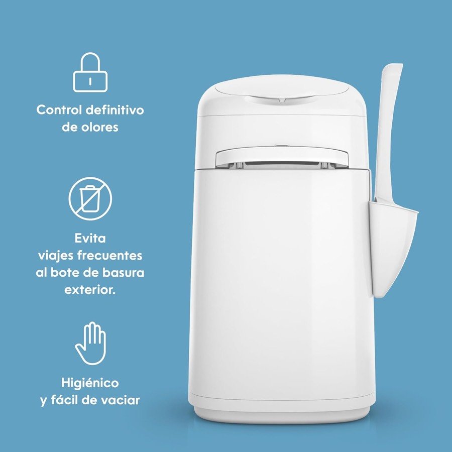 Ver imagen 3 de 6: Contenedor LitterLocker Fashion blanco con su pala colgada y los iconos de control de olores y vaciado higiénico