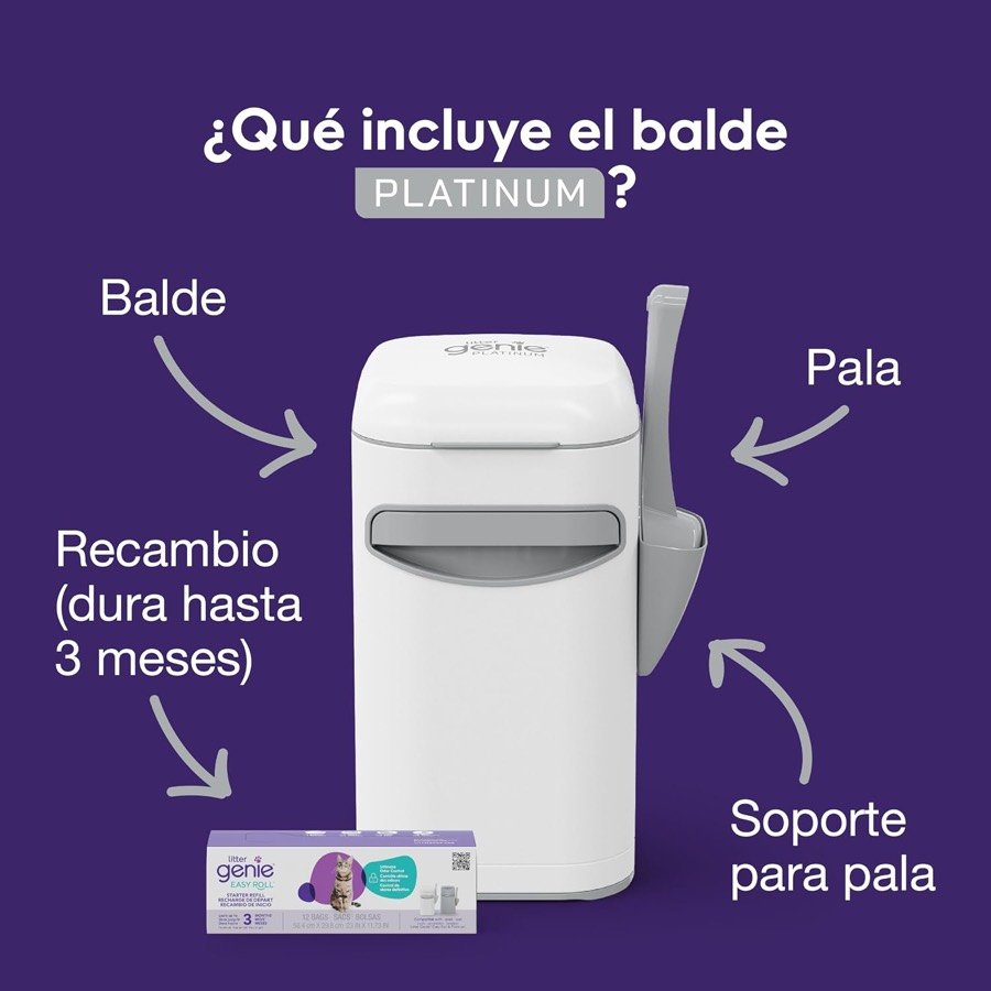 Ver imagen 3 de 6: Qué incluye el Litter Genie Platinum: balde, pala, recambio de hasta tres meses y soporte para la pala