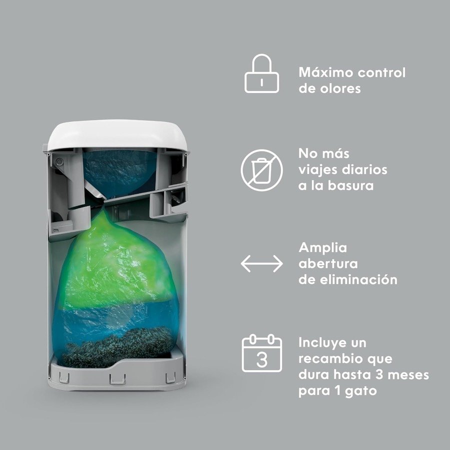 Ver imagen 4 de 6: Interior del Litter Genie Platinum con la bolsa llena y los iconos de control de olores y amplia abertura