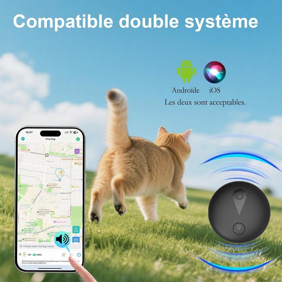Ver imagen 2 de 6: Gato corriendo con el rastreador Yukcxoo y un móvil Android o iOS mostrando su posición en el mapa