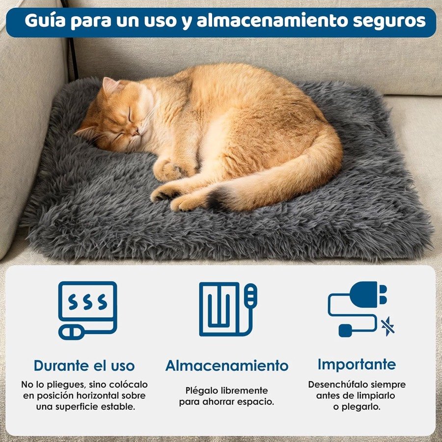 Ver imagen 2 de 6: Gato dormido en la manta Wdmiya sobre un sofá, con las instrucciones de no plegarla en uso y desenchufarla antes de limpiar