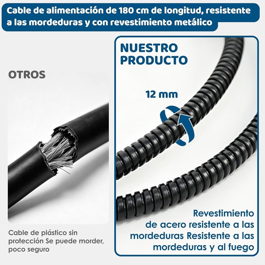 Ver imagen 6 de 6: Cable de alimentación de 180 cm de la manta Wdmiya con revestimiento de acero, junto a un cable de plástico mordido