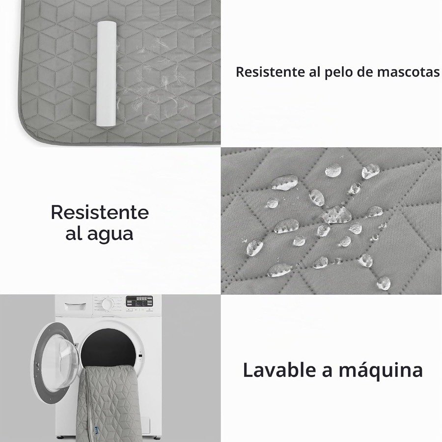 Ver imagen 4 de 6: Rodillo quitapelos sobre el protector Bedsure, gotas de agua sobre el acolchado y el protector entrando en la lavadora