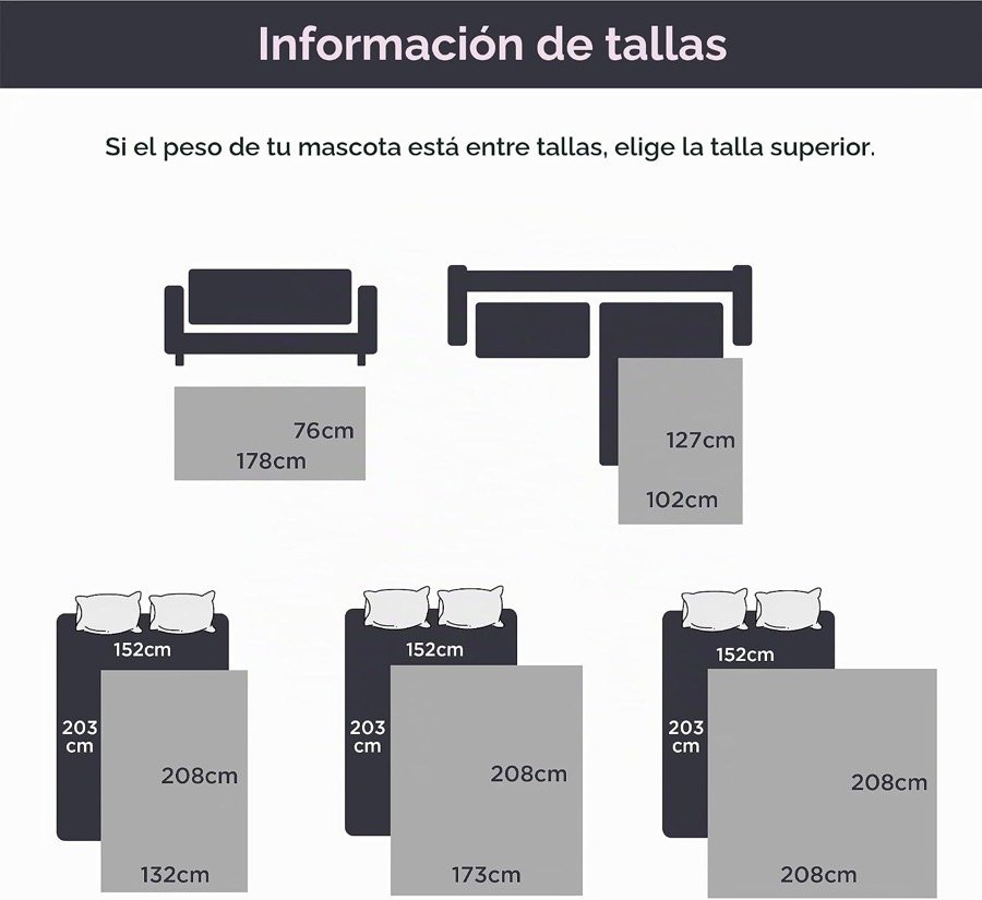 Ver imagen 6 de 6: Tabla de tallas del protector Bedsure: 76 × 178 cm para el asiento del sofá, 102 × 127 cm para chaiselongue y tres tallas de cama