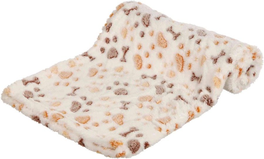 Manta Trixie Lingo enrollada, en blanco y beige con estampado de huesos y huellas