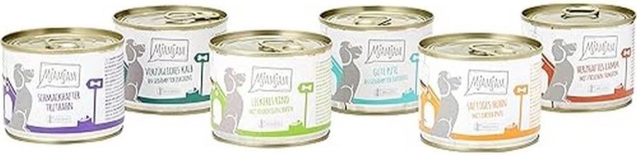 Las seis latas de 200 g del Mixpaket II de MjAMjAM alineadas